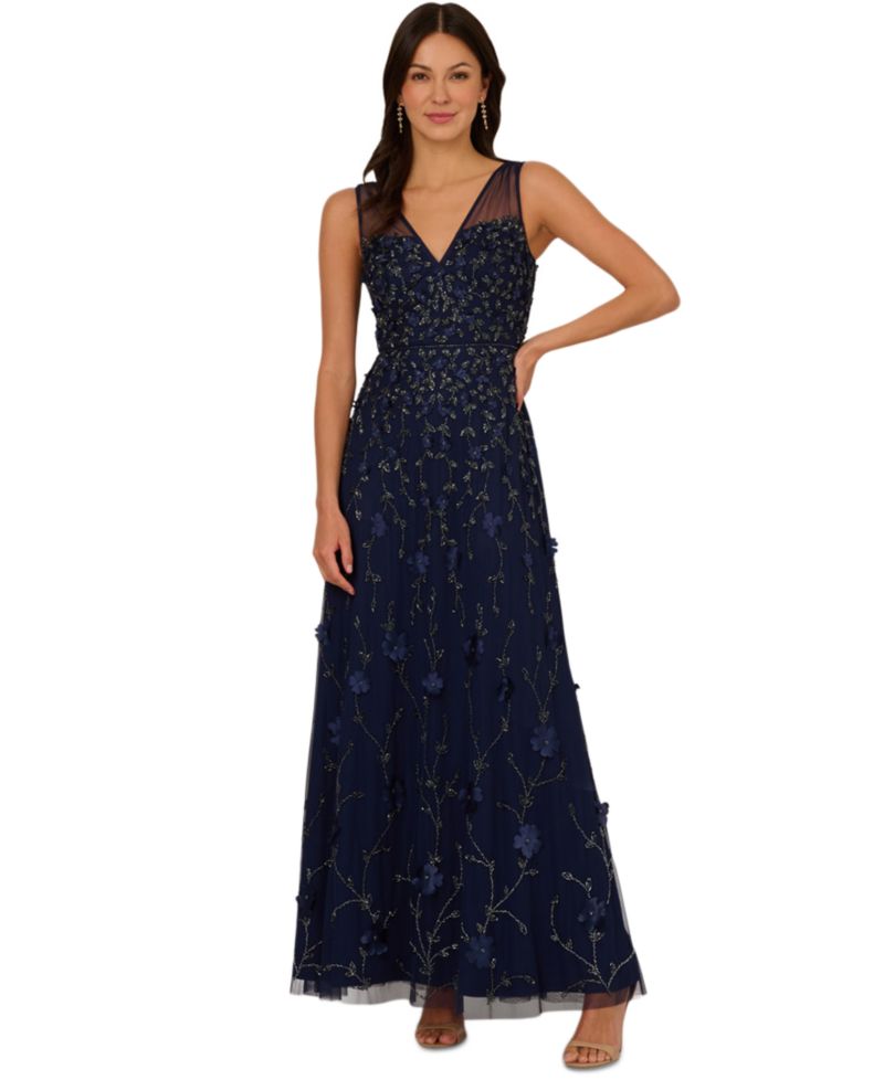 Women's V-Neck Beaded Sleeveless Gown