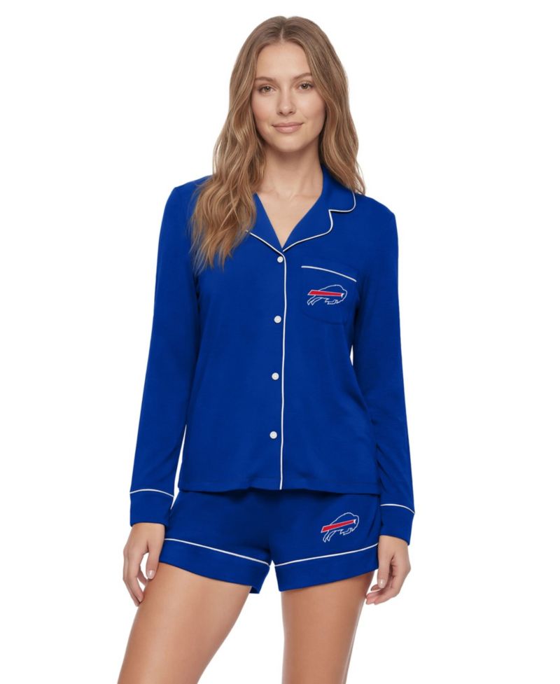 Women's Royal Buffalo Bills Medley Long Sleeve Button-Up and Shorts Sleep Set