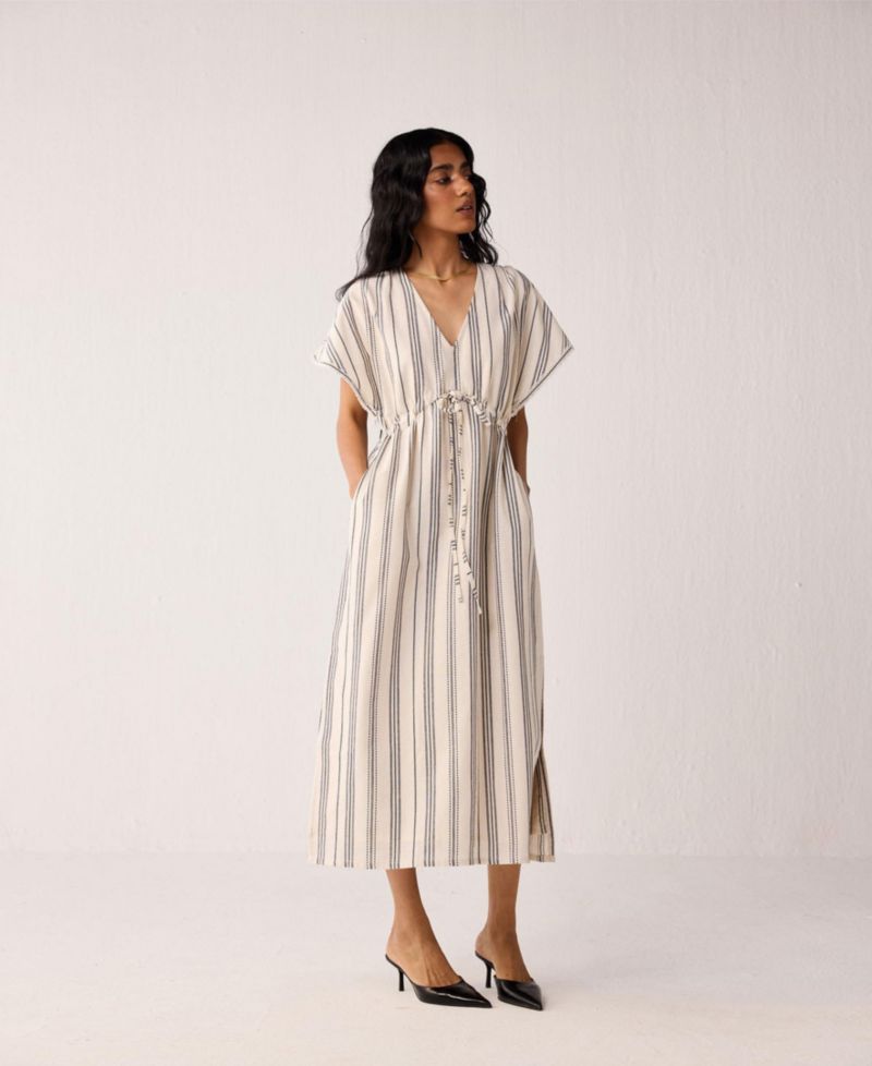 Women's Maxi Gathered Dress with Side Slits in Stripes