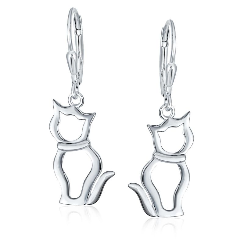Animal Lover Cut-Out Cat Dangle Earrings .925 Sterling Silver Lever Back