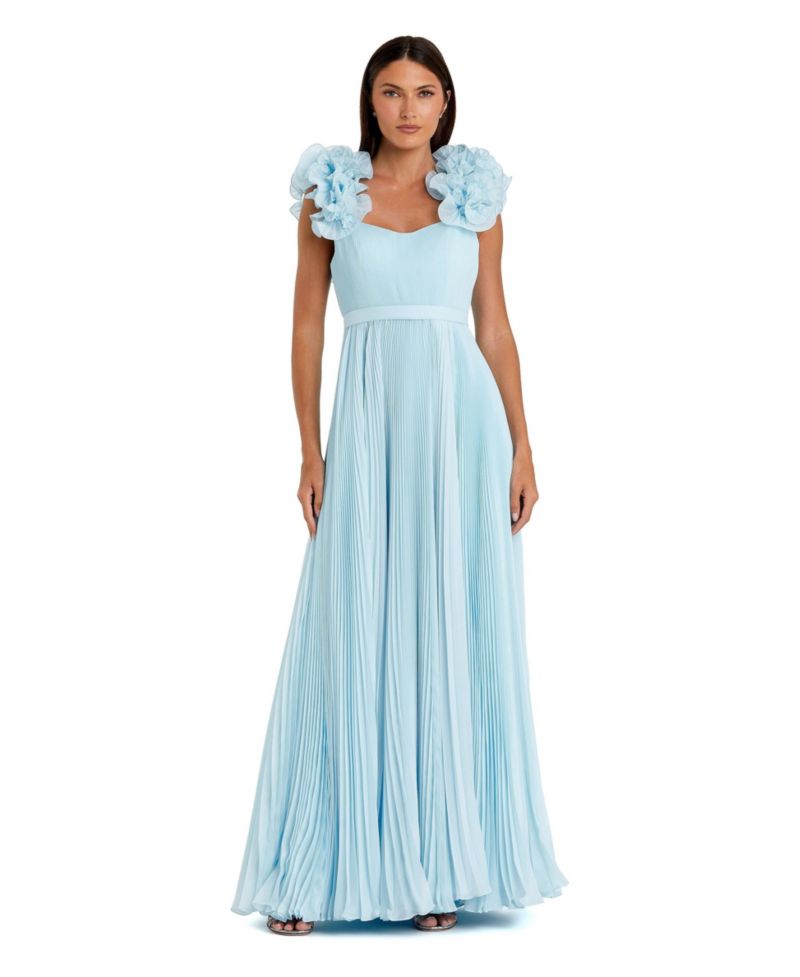 Women's Pleated Organza Gown With Ruffle Straps