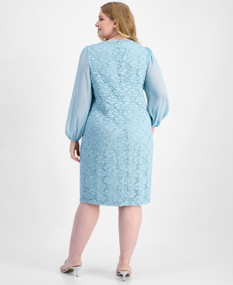Petite Sequined Lace Blouson-Sleeve Dress