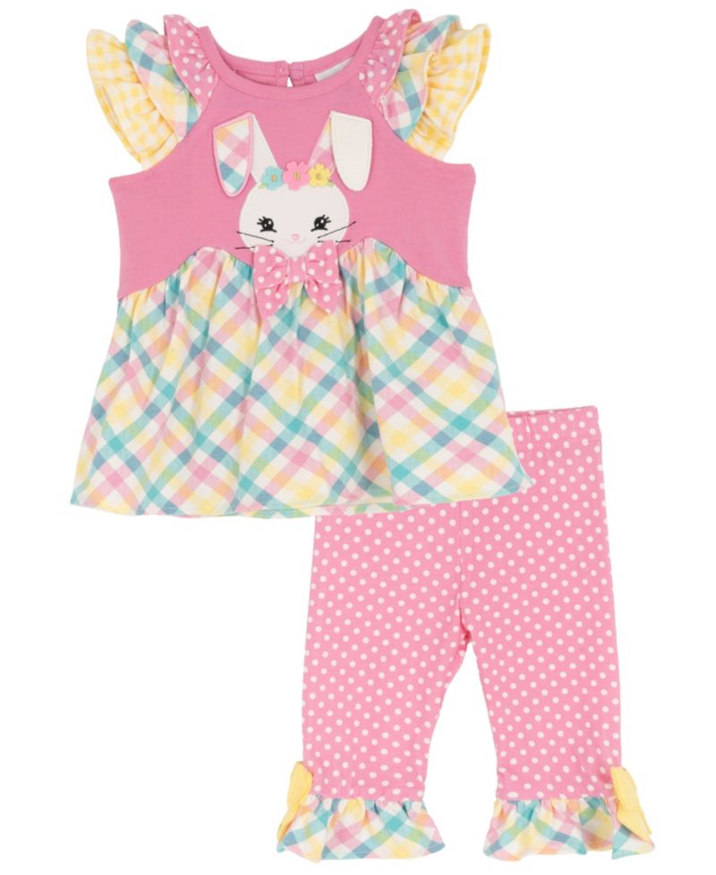Baby Girls' Bunny Mixed Check Applique Knit Round Neck Top and Polka Dot Leggings, 2-Piece Set