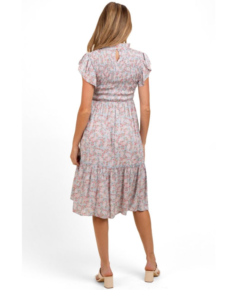 Women's Pink Floral Mock Neck Smocked Ruffe Sleeve Midi Dress