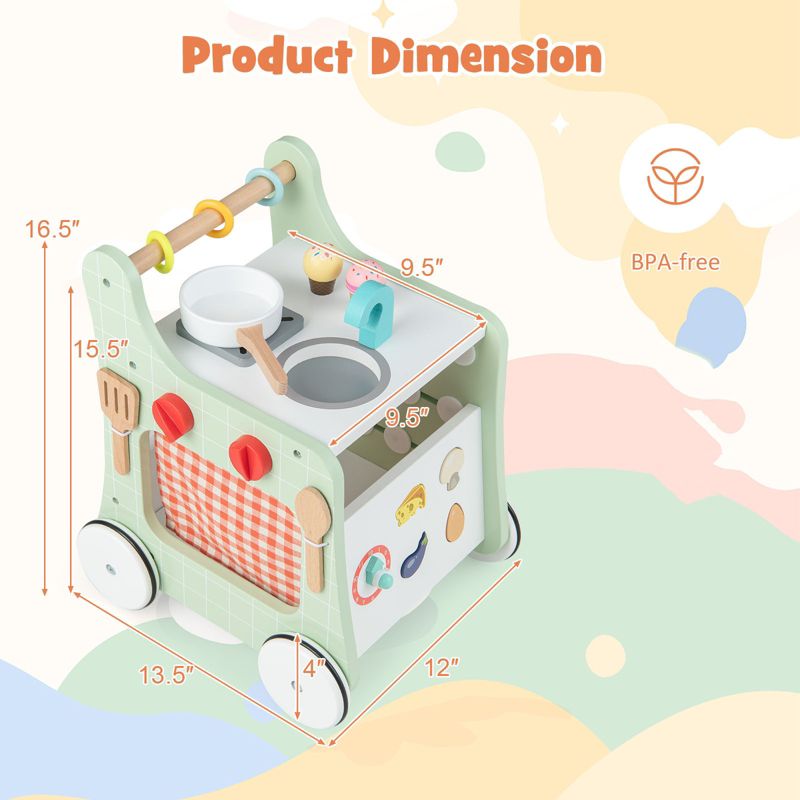 6-in-1 Baby Push Walker Wooden Strollers Activity Center Toy with