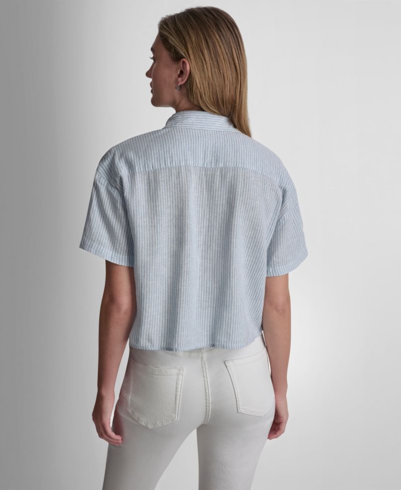 Petite Oversized Linen-Blend Cropped Short Sleeve Shirt