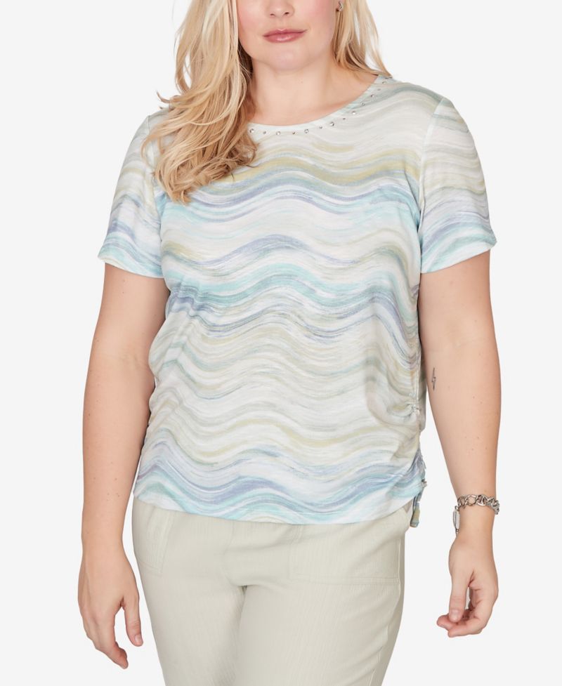Women's Vintage Charm Wavy Biadere Side-Tie Ruched Crewneck T-Shirt