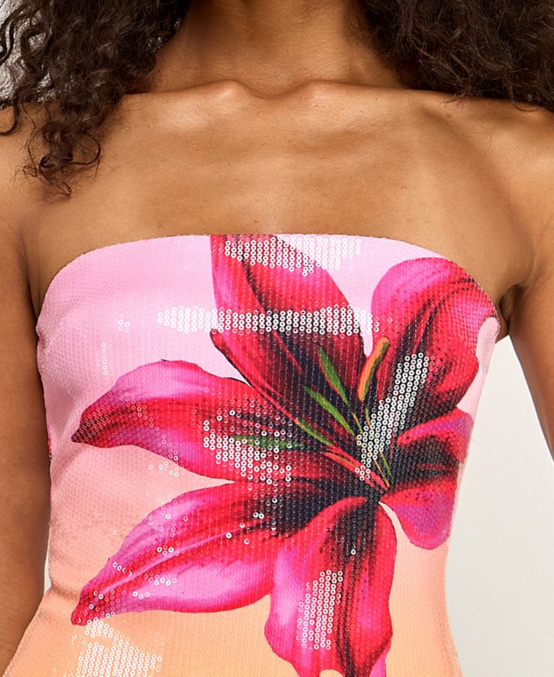 Women's Tropical Floral Sequin Strapless Mini Dress