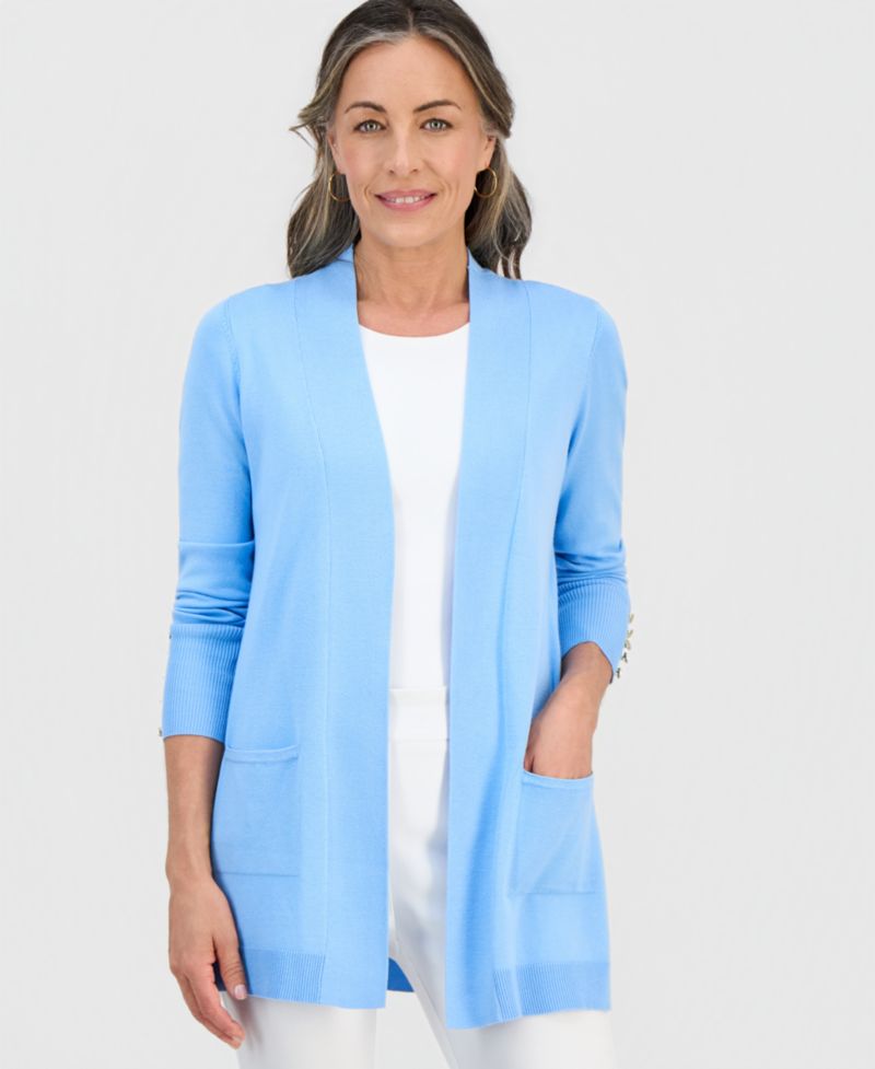 Petite Open-Front Button-Cuff Cardigan Sweater