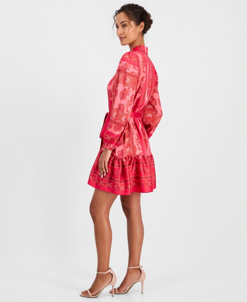 Women's Long-Sleeve Scarf-Print Twill Shirt-Dress