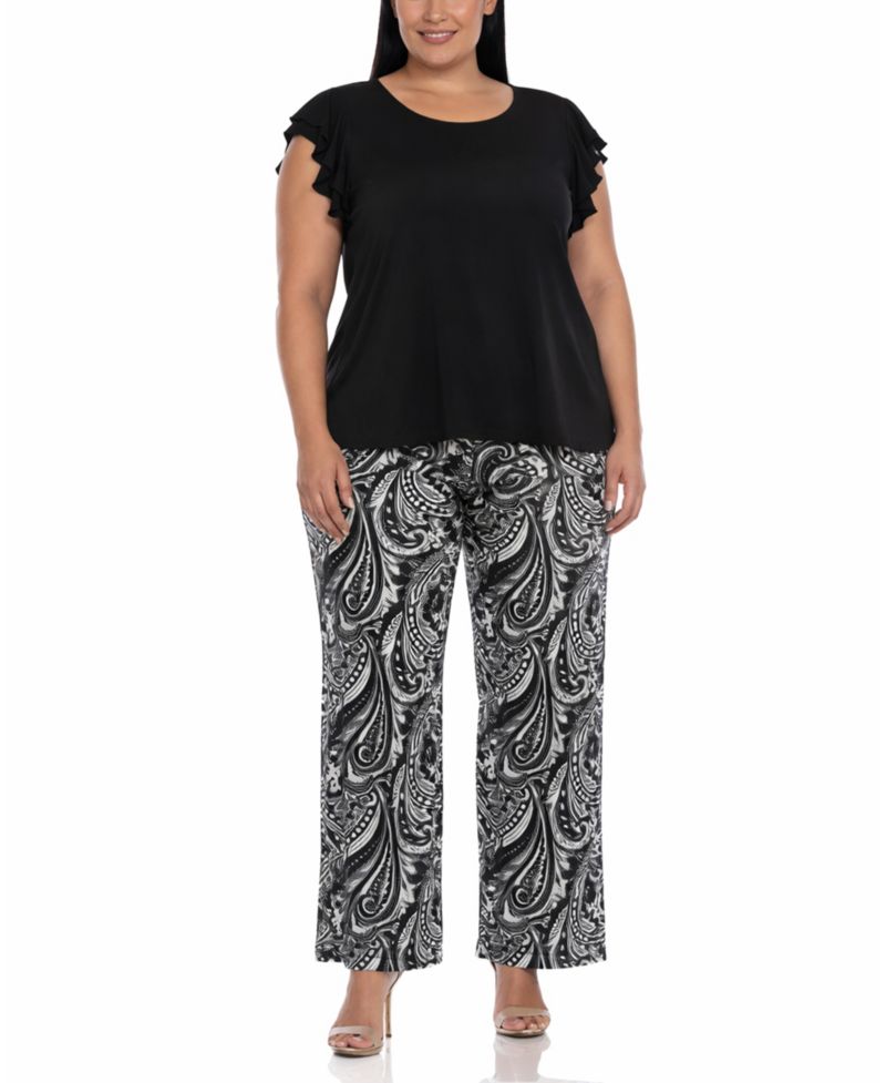 Plus Size Ruffle-Sleeve Top Printed Pant Set