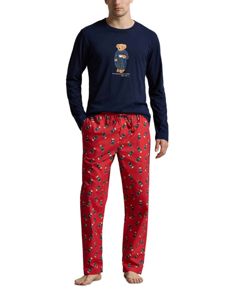 Men's Polo Bear Long-Sleeve Crewneck Cotton Top and Pants, 2-Piece Set