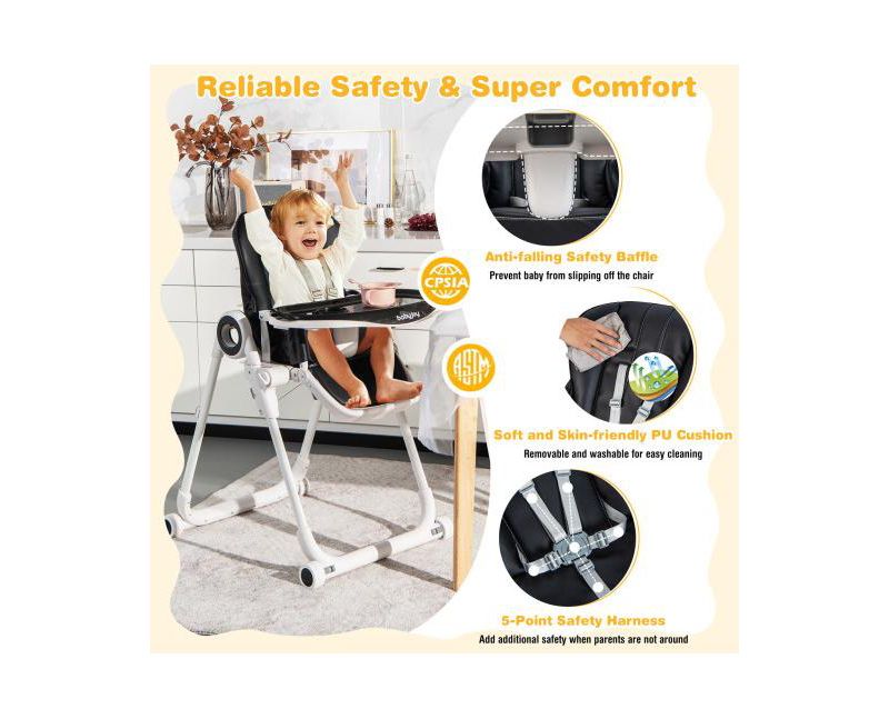 Girls High Chair Foldable Feeding Chair with 4 Lockable Wheels