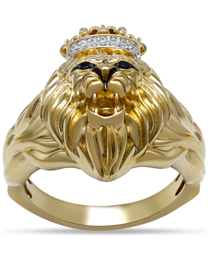 Men's White & Black Diamond Three-Dimensional Lion & Crown King Ring (1/10 ct. t.w.)