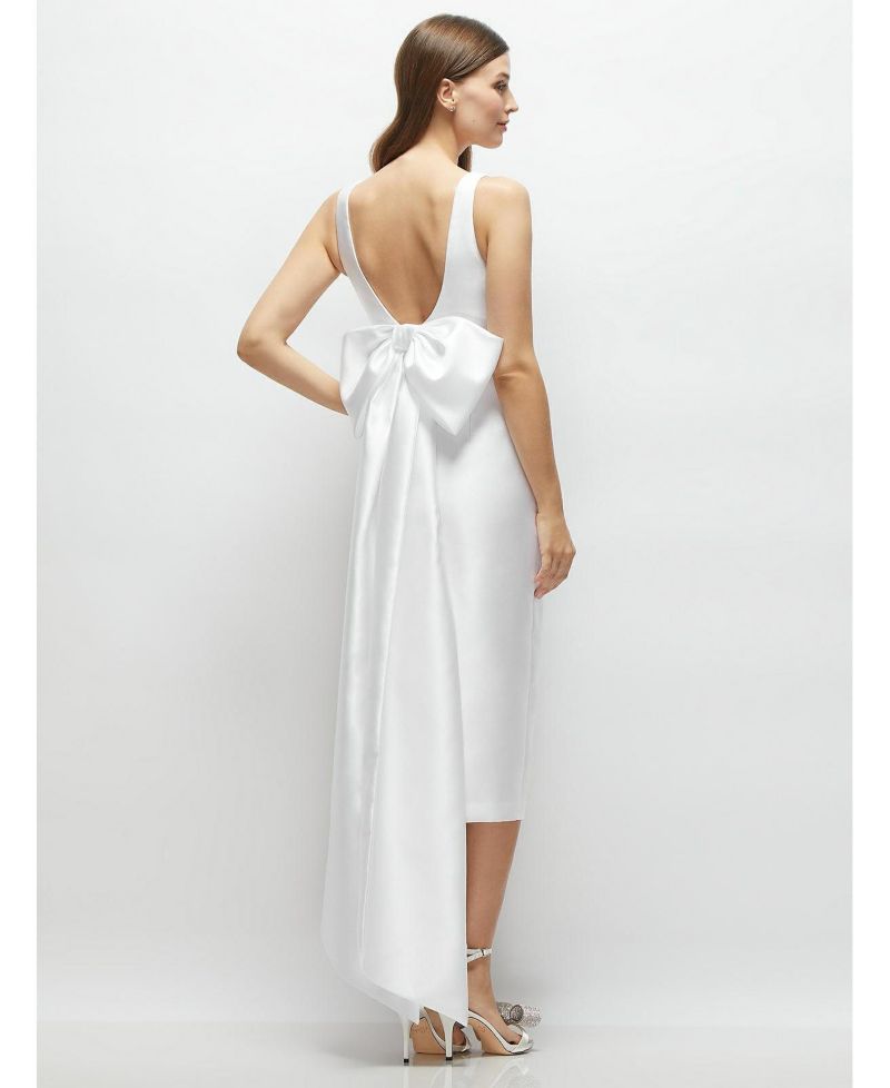 Women's Scoop Neck Corset Satin Midi Dress with Floor-Length Bow Tails