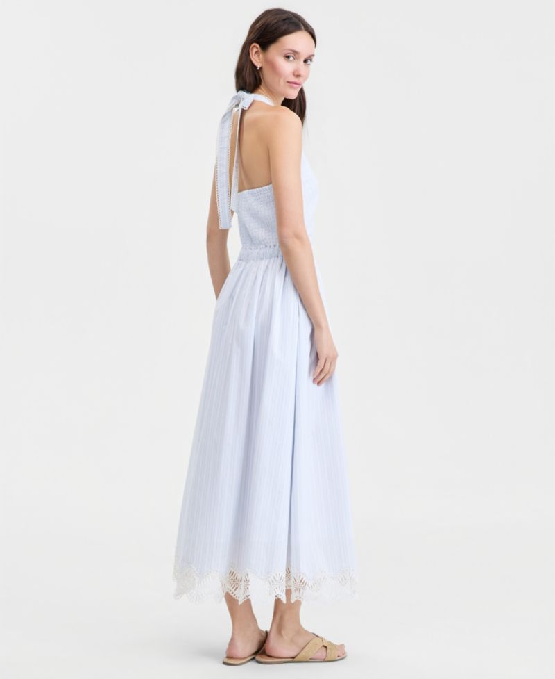 Women's Cotton Maritime Stripe Halter Lace-Trim Midi Dress