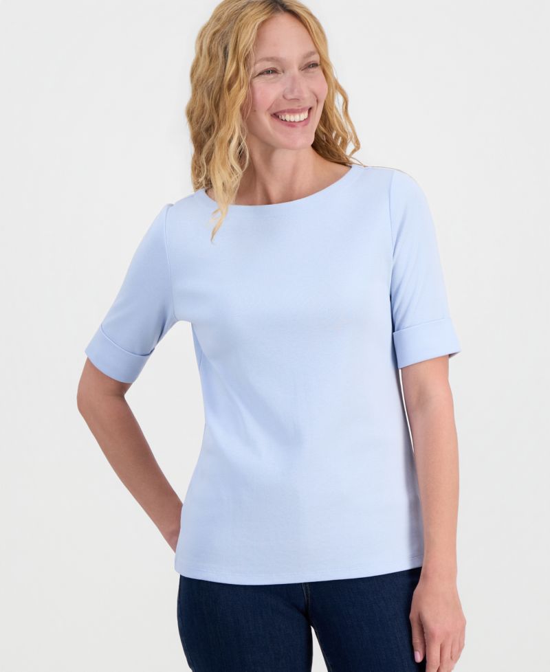 Petite Cotton Elbow-Sleeve Boat-Neck Top