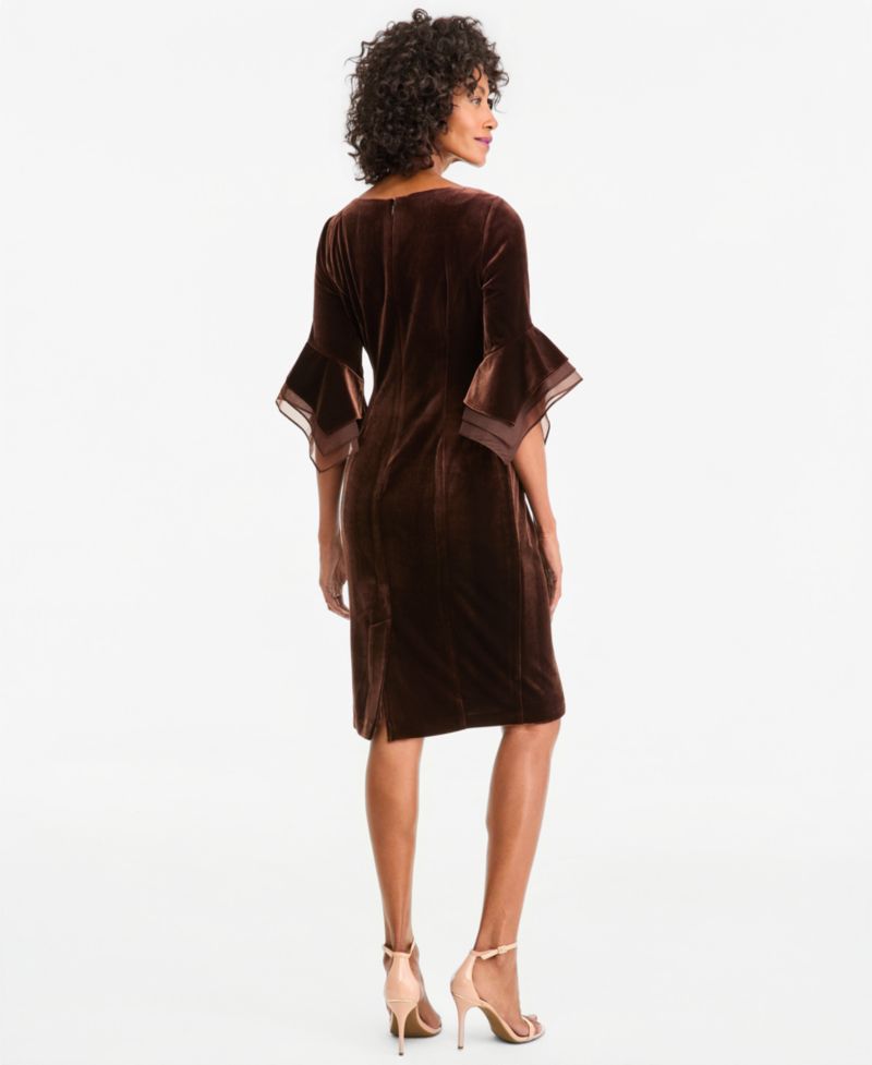 Plus Velvet Bell-Sleeve Mesh-Trim Dress