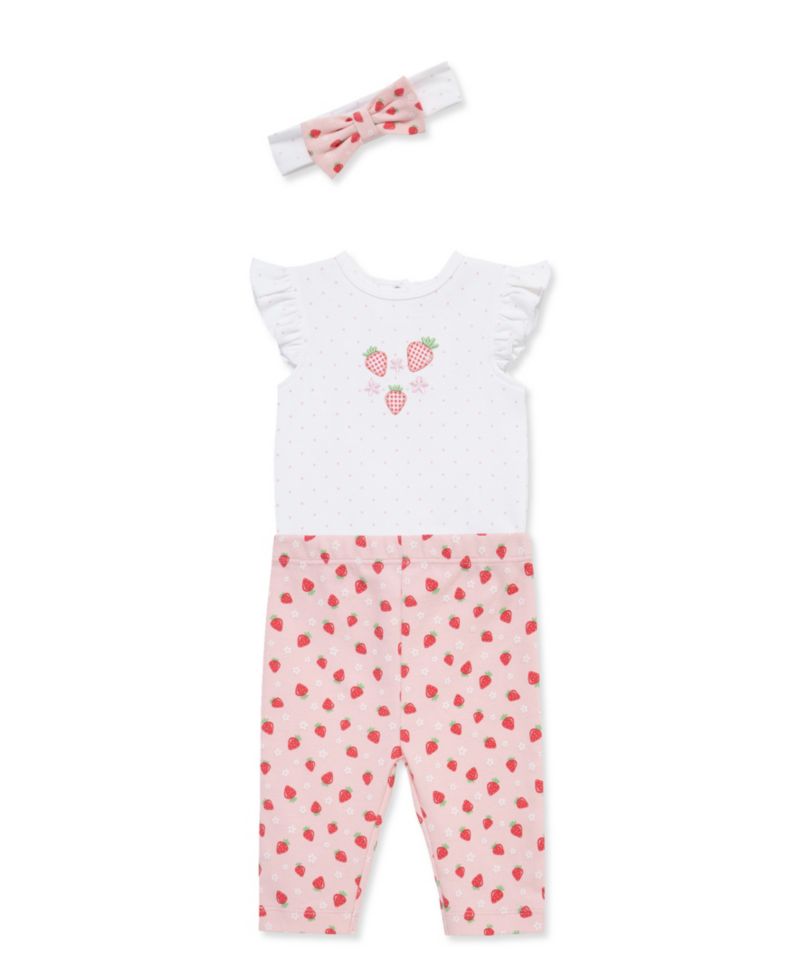 Baby Girls' Strawberry Printed Bodysuit, Leggings and Headband, 3-Piece Set