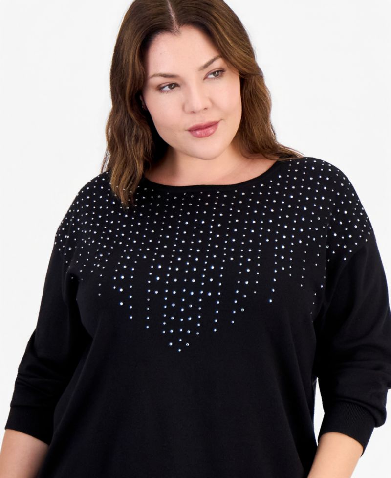 Plus Size Long-Sleeve Boat Neck Embellished Sweater