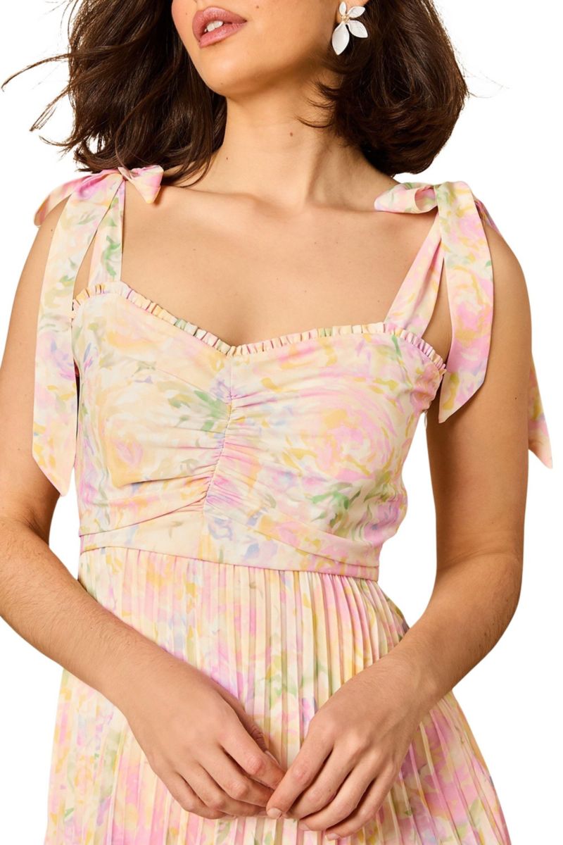 Women's Pleated Tie Shoulder Midi Dress