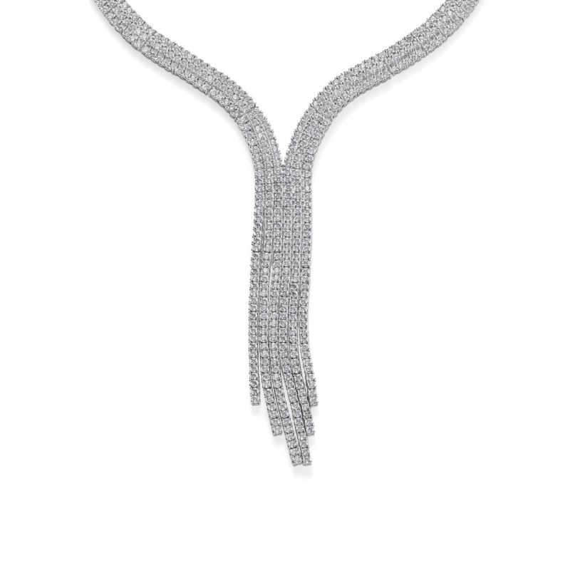 Art Deco Style Y Fringe Tassel Collar Statement Necklace CZ Silver Plated