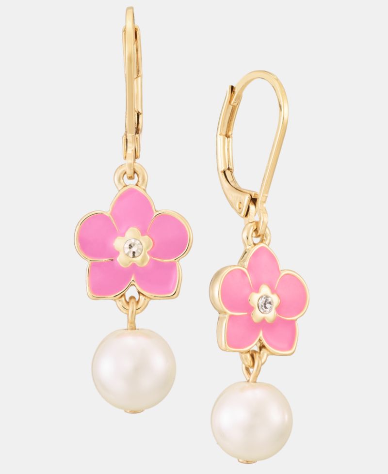 Orchid & Imitation Pearl Double Drop Earrings