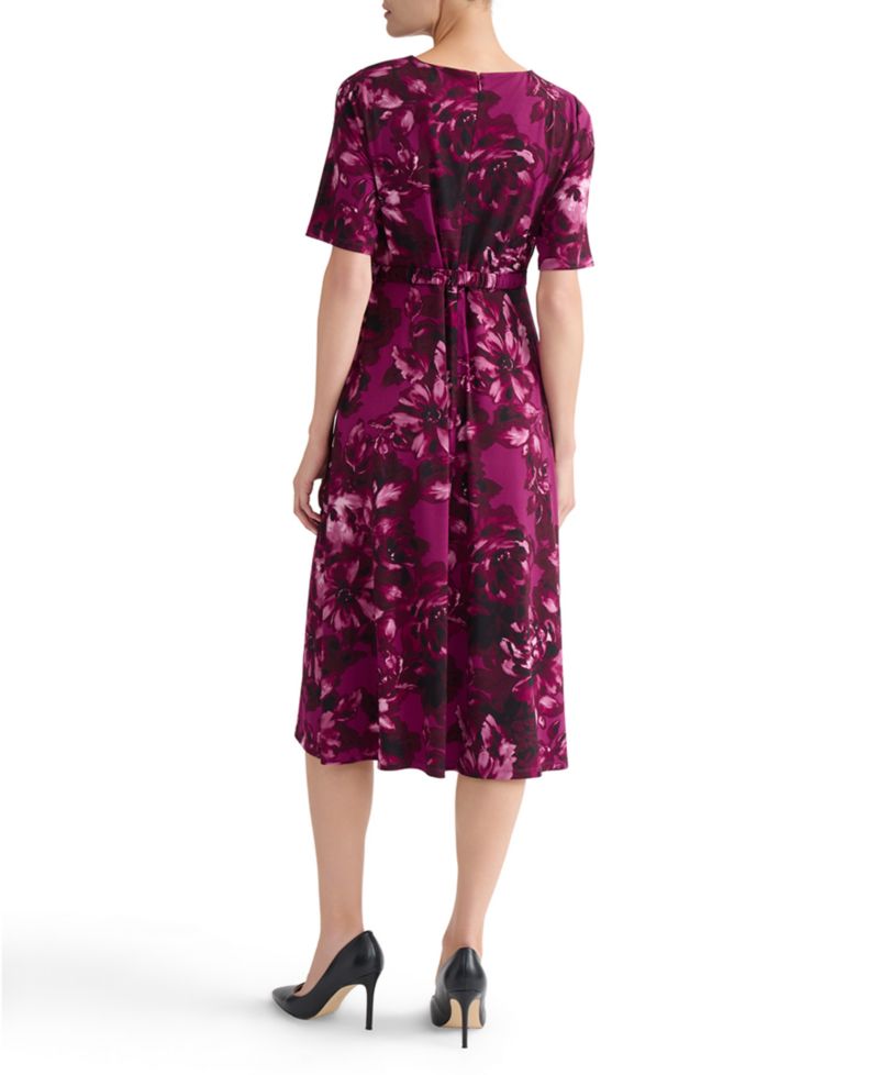 Women's Pleat-Neck Belted Short-Sleeve Dress