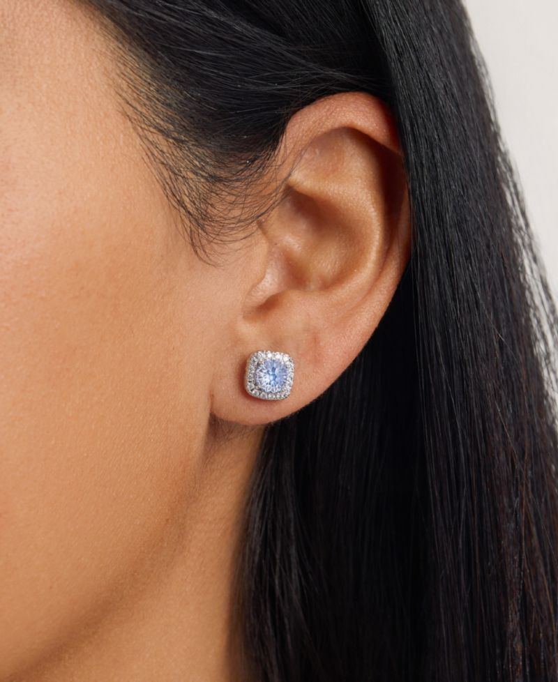 Sterling Silver Starlight Cubic Zirconia Cushion Halo Stud Earrings