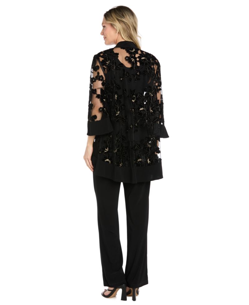 Petite Floral-Print Velvet Jacquard Burnout Jacket, Tank, and Pants, 3-Piece Set