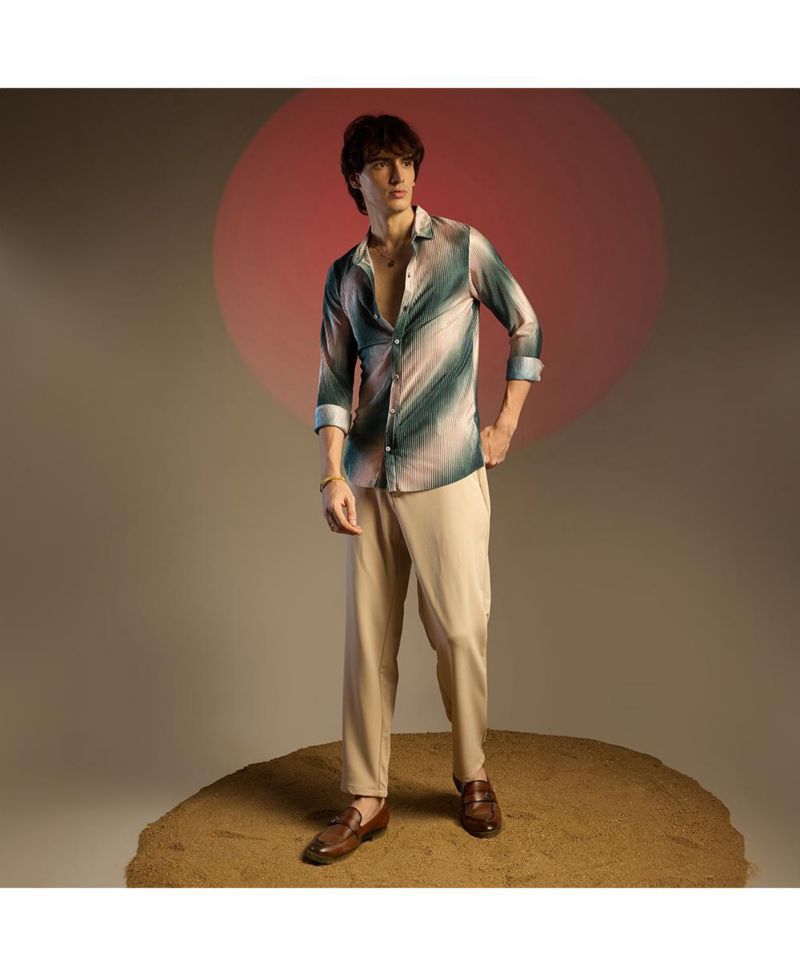 Men's Emerald Green & Ivory White Ombre-Pleated Shirt