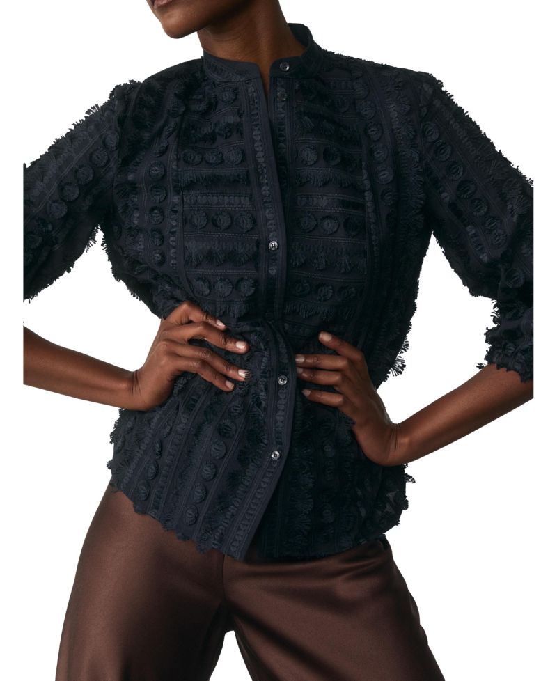 Women's Nola Mandarin Collar 3/4-Sleeve Textured-Embroidery Blouse