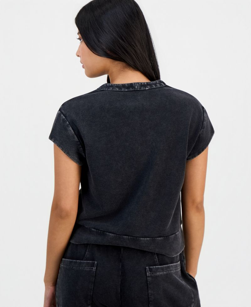 Petite French Terry Split-Neck Cap-Sleeve Top