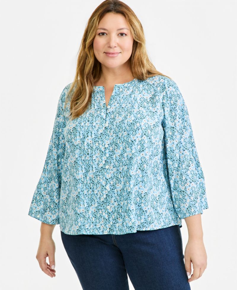 Plus Printed Bell-Sleeve Pintuck Blouse