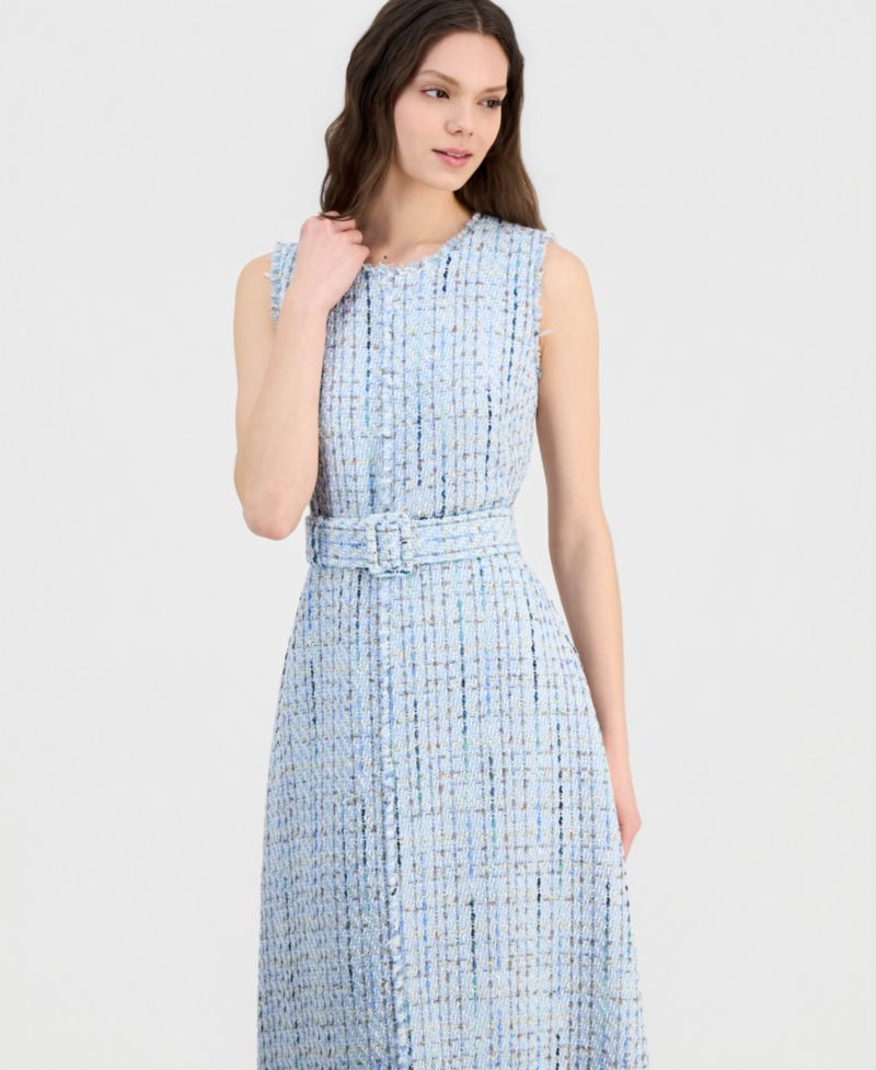 Women's Tweed Belted Sleeveless Midi Dress