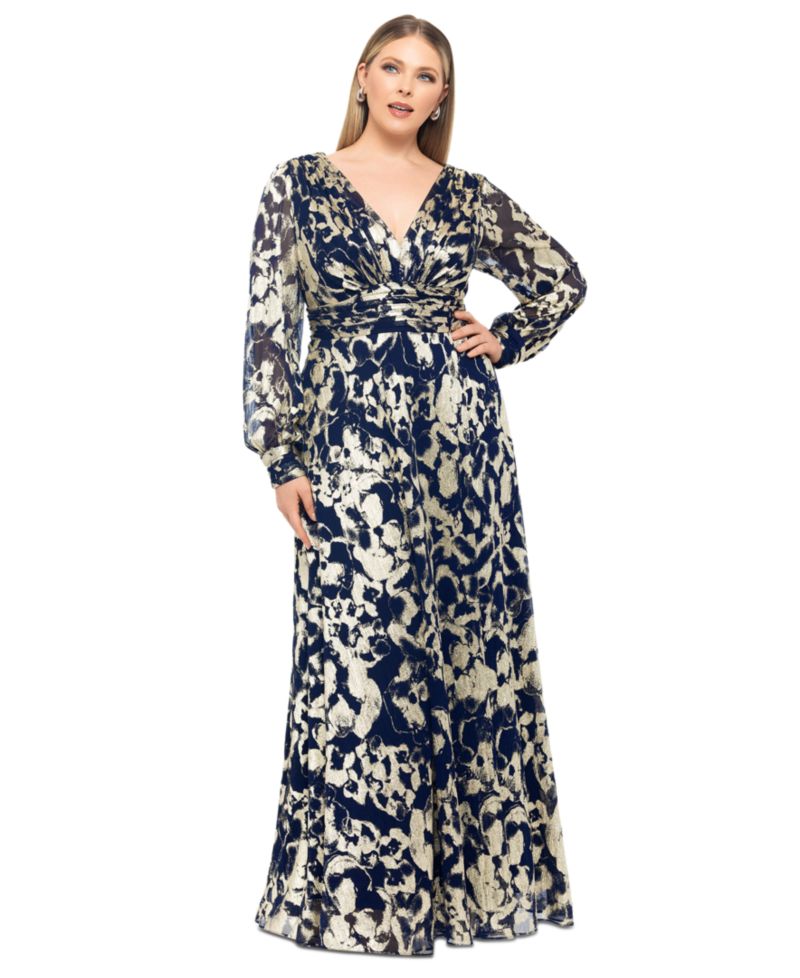 Plus Size V-Neck Foil Mesh A-Line Dress