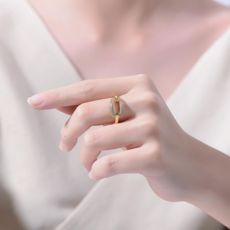 Modern 14K Gold Plated Cubic Zirconia Pave 2-Row Link Ring