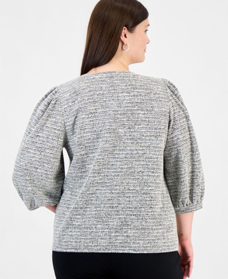 Plus Size Crew Neck Boucl&eacute; 3/4-Length Balloon Sleeve Sweater