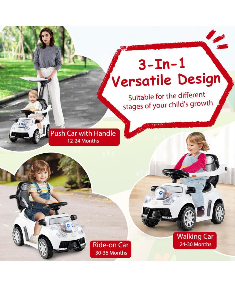 3-in-1 Sliding Walker w/ Adjustable Canopy Horn Music & Light for Boys & Girls