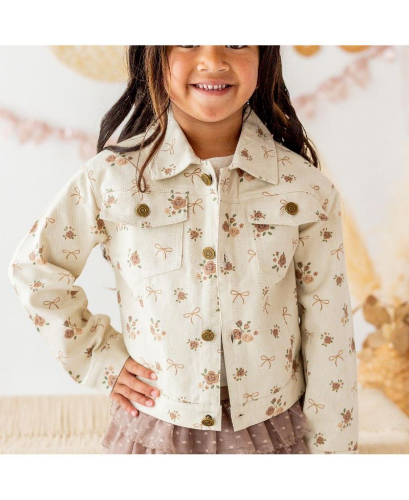 Girls' 4-16 Distressed Floral-Print Denim Jacket