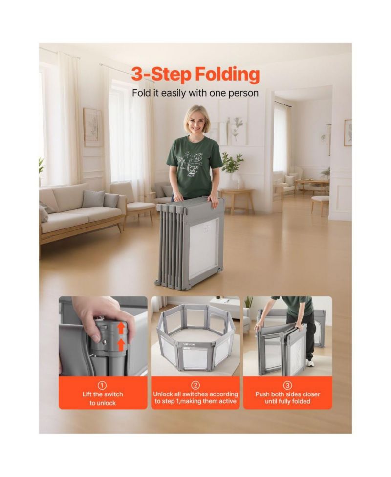 Foldable Baby Playpen for Toddlers, Large Play Yard with Soft Mesh Sides and Zippered Safety Door