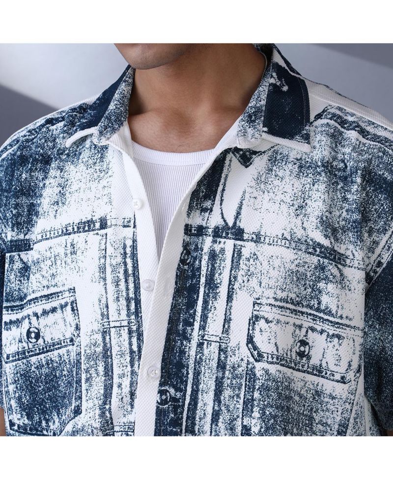 Men's Navy Blue Denim-Imprint Relaxed Shirt