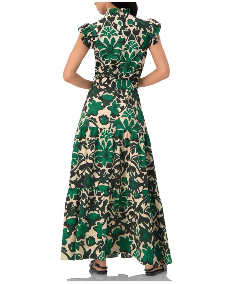 Women's Printed Ruffle-Sleeve Maxi Dress with Tie Waist