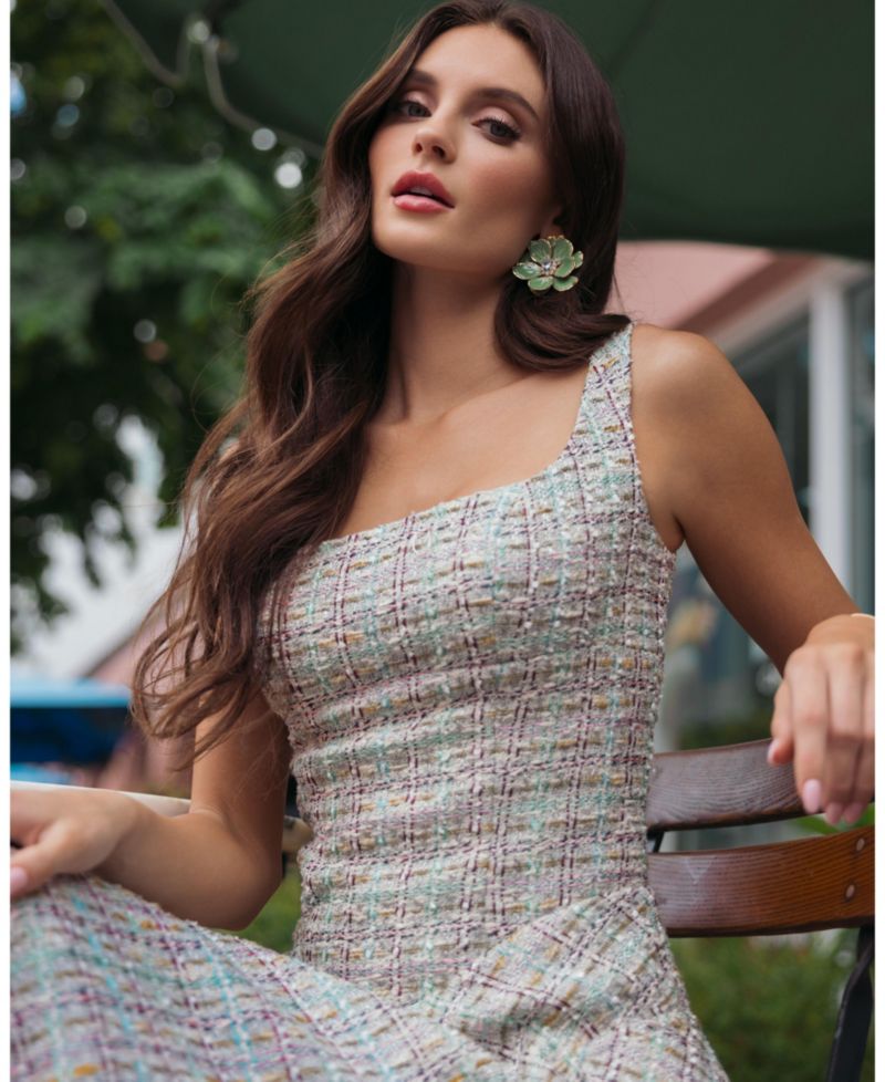 Women's Boucle Sleeveless Drop Waist Fit-and-Flare Midi Dress