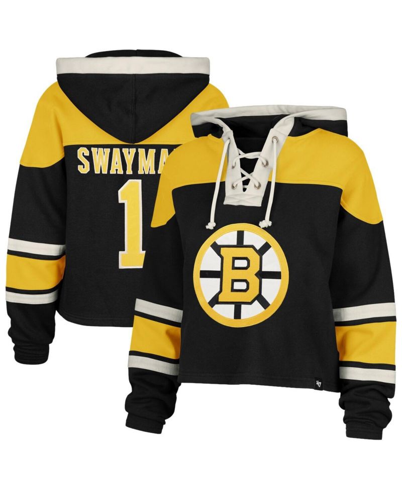 Women's Jeremy Swayman Black Boston Bruins Superior Lacer Cropped Pullover Hoodie