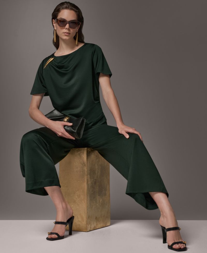 Women's Ruched Side Short-Sleeve Top & Wide-Leg Pull-On Pants