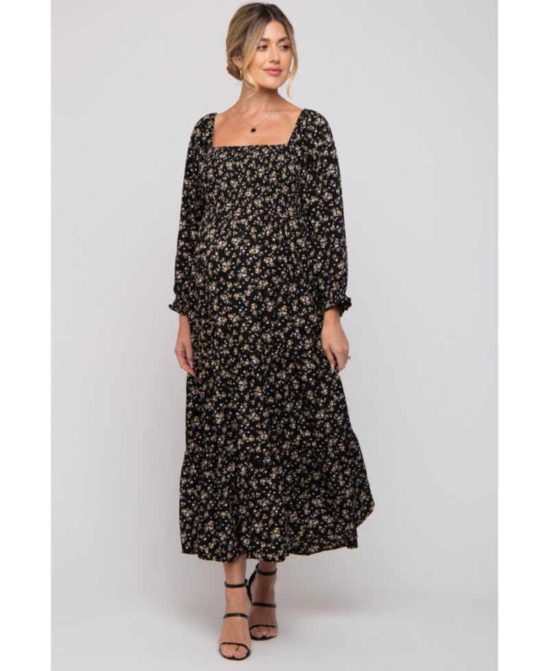 Women's Black Floral Smocked Long Sleeve Maxi Dress