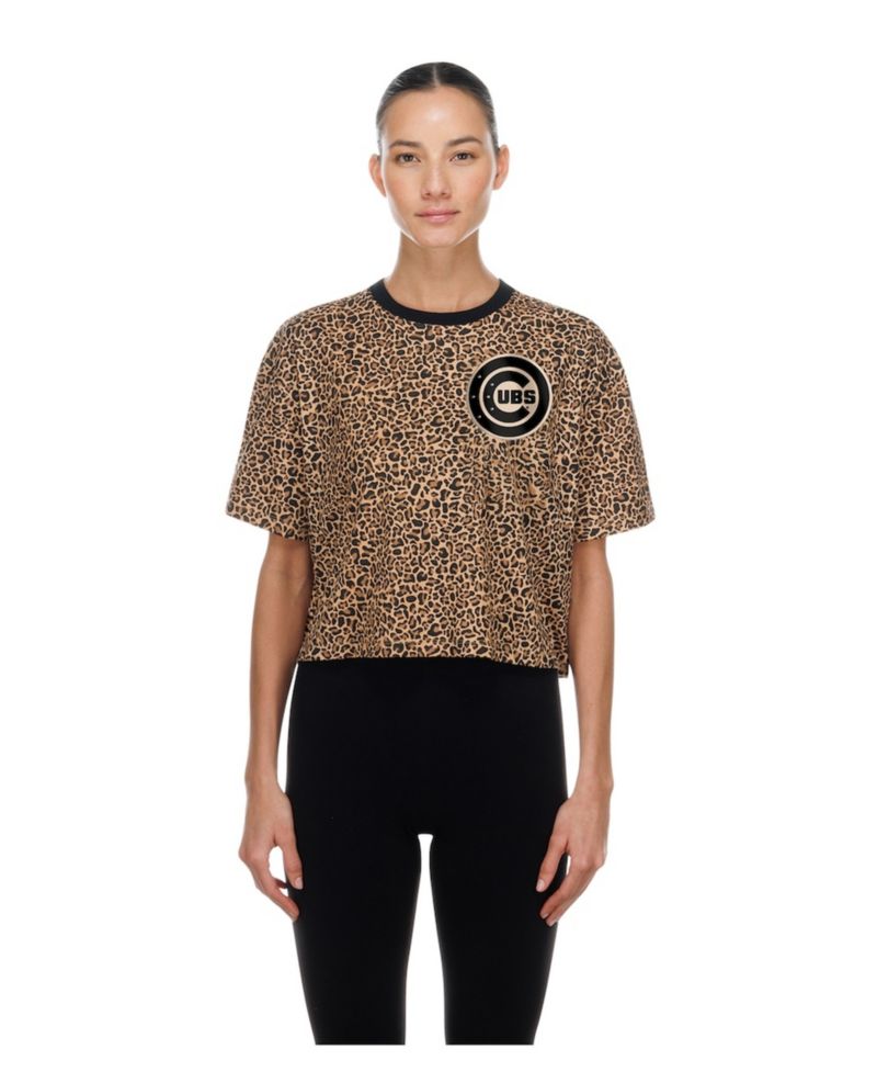 Women's Brown Chicago Cubs Leopard Boxy Cropped T-Shirt