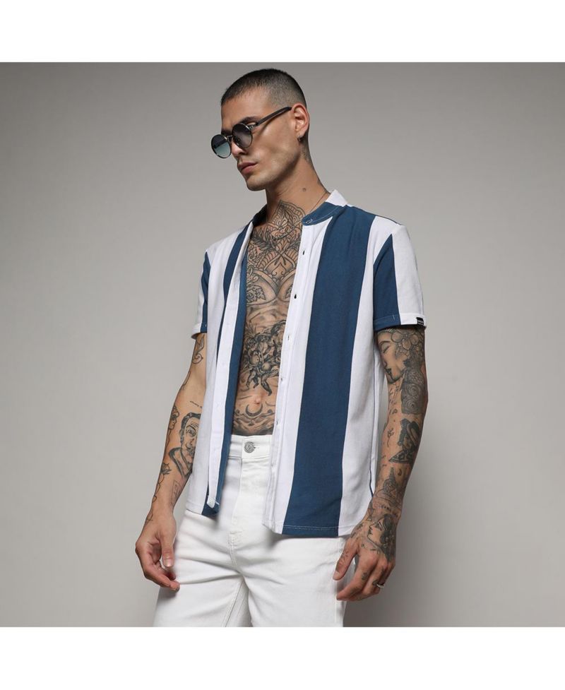 Men's Knitted Blue Vertical Striped Shirt
