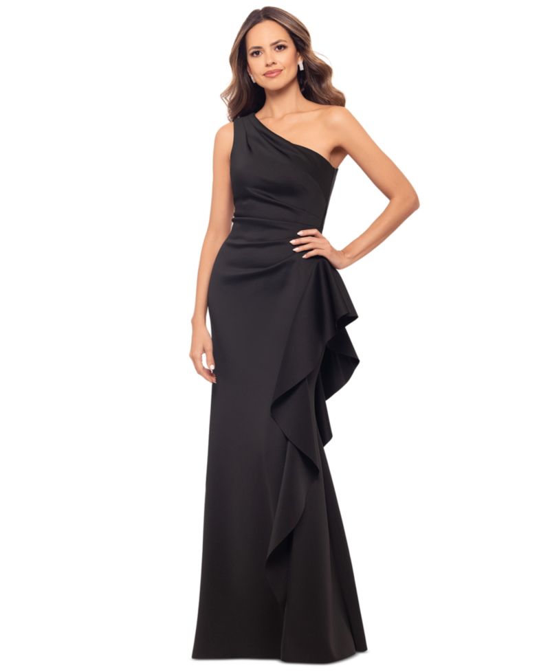 Petite Ruffled One-Shoulder Scuba Gown